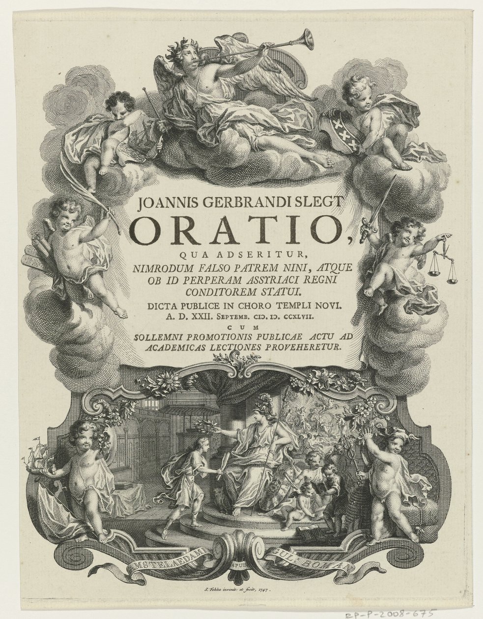 Minerva aplaude um jovem com touro
Página de título para: J.G. Slegt, Oratio, qua adseritur, Nimrodum falso patrem Nini (...), 1747 de Simon Fokke