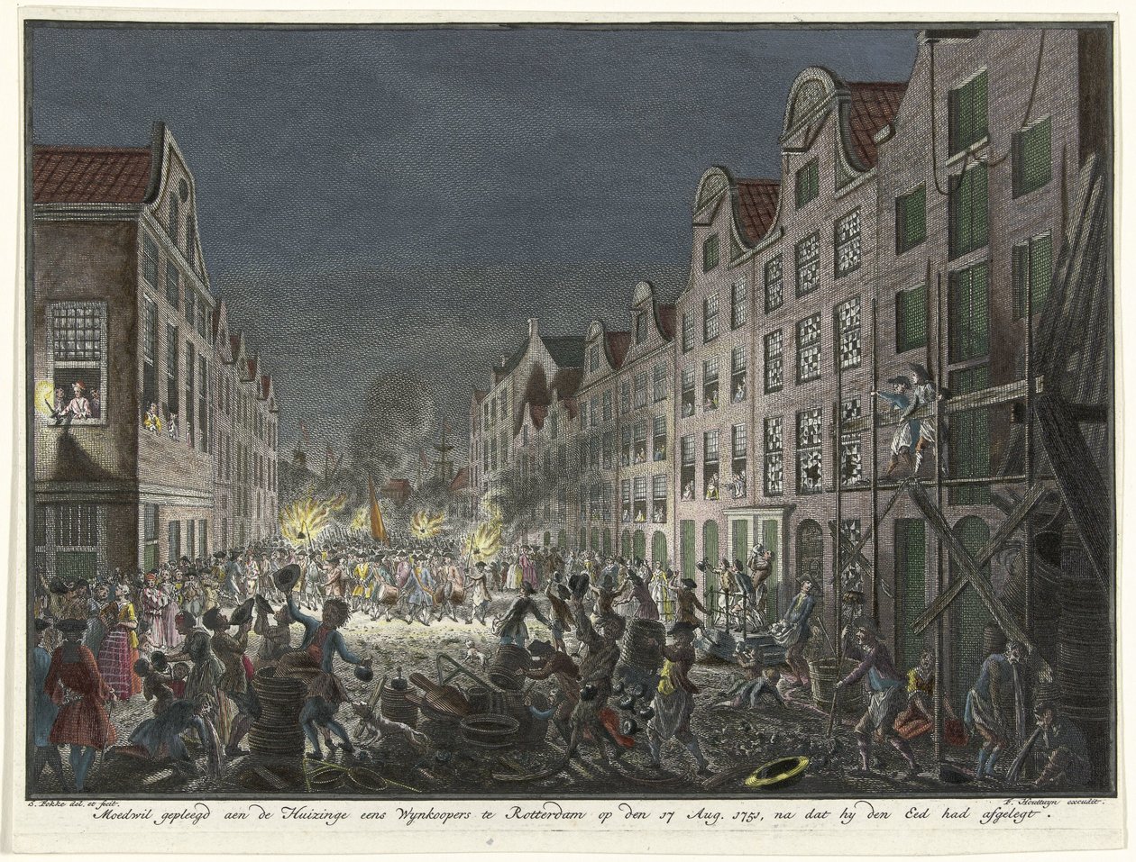 Saquear a casa de um comerciante de vinho Gerrit Hagedooren em Roterdão, 1751
Sedição cometida na Huizinge eens Wynkoopers te Rotterdam em 17 de Agosto de 1751, depois de ele ter prestado juramento (título sobre o objecto) de Simon Fokke