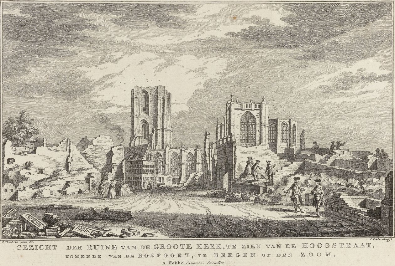 Ruína da Grande Igreja de Bergen op Zoom, 1748 Vista das ruínas do Groote Kerk, vistas do Hoogstraat, vindo do Bospoort, em Bergen op den Zoom (título no objeto) Dez faces das ruínas após o cerco e destruição de Bergen op Z de Simon Fokke