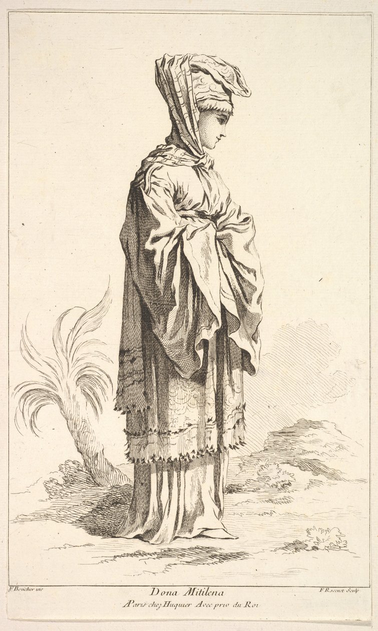 Dona Mitilena, da Coleção de várias figuras estrangeiras Inventada por F. Bouche ..., século XVIII. de Simon Francois Ravenet