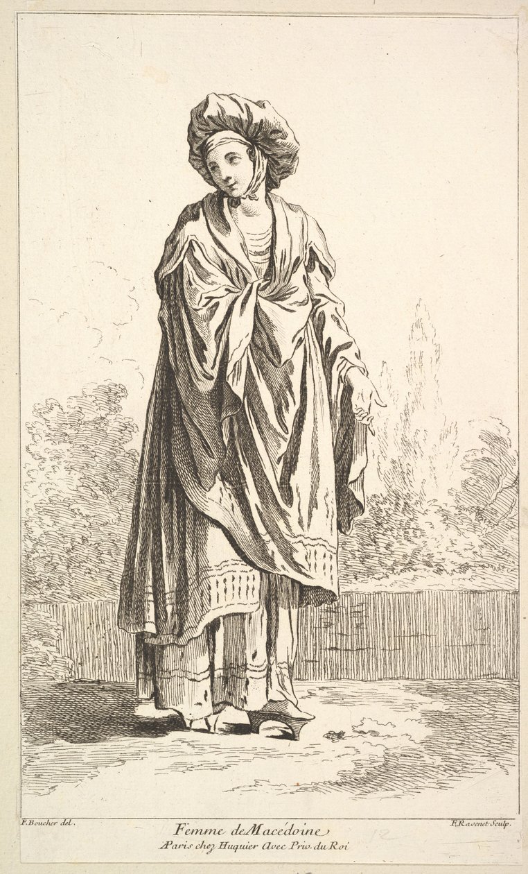 Mulher da Macedônia, da coleção de várias figuras estrangeiras, inventada por FB .., século XVIII. de Simon Francois Ravenet