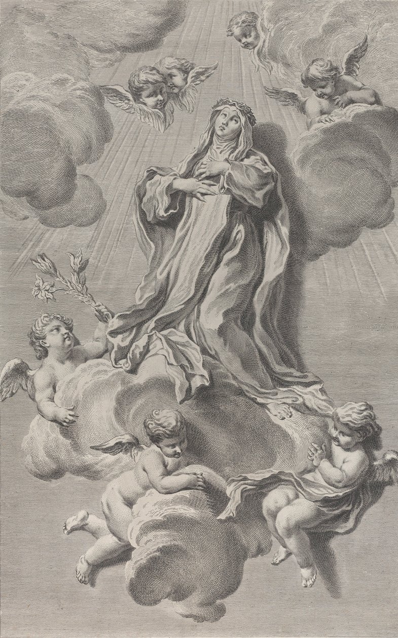 O Êxtase de Santa Catarina de Sena, ajoelhada sobre uma nuvem carregada por anjos, uma de ..., 1729-40. de Simon Francois Ravenet