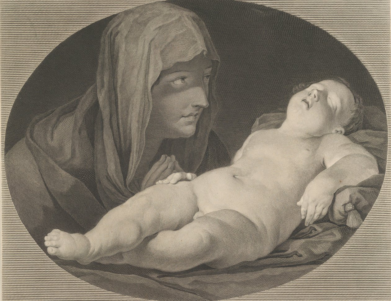 A Virgem em oração, olhando para o menino adormecido Cristo, em uma moldura oval, depois de Reni,..., 1765. de Simon Francois Ravenet