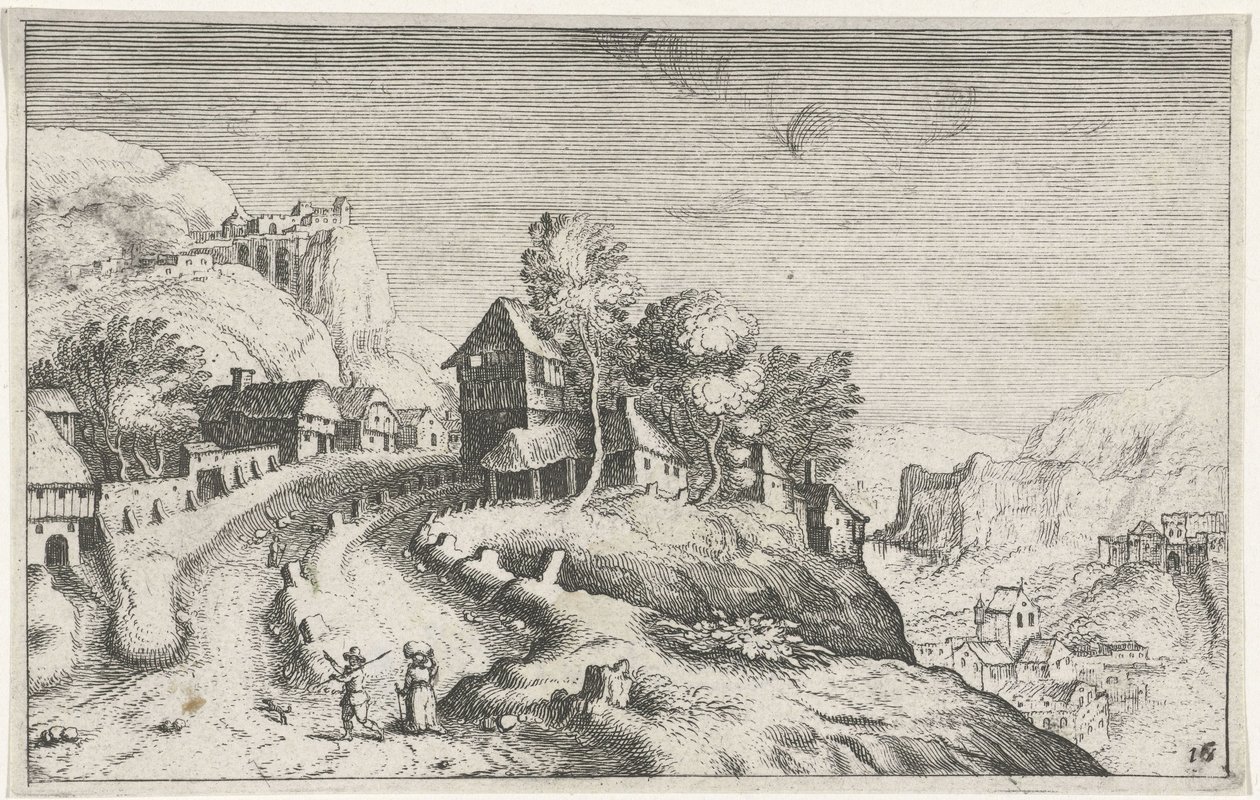 Aldeia em uma paisagem de montanha Diferentes paisagens (título da série) Topographia variaum regionum (título da série) de Simon Frisius (attributed to)