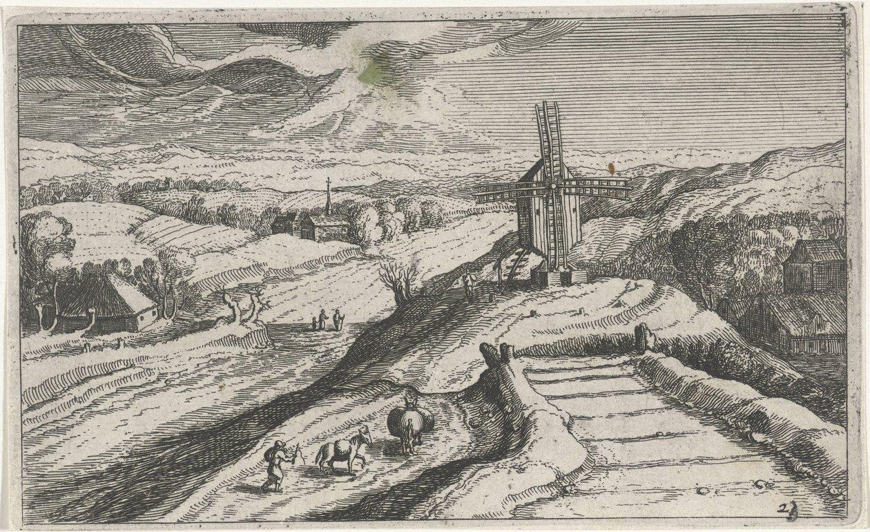 Paisagem montanhosa com um moinho de vento Diferentes paisagens (título da série) Topographia variaum regionum (título da série) de Simon Frisius (attributed to)