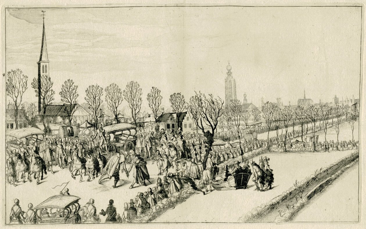 Chegada dos cinco embaixadores espanhóis em Rijswijk, fevereiro de 1608 Cenas da guerra de 1608 e 1609 (título da série) de Simon Frisius