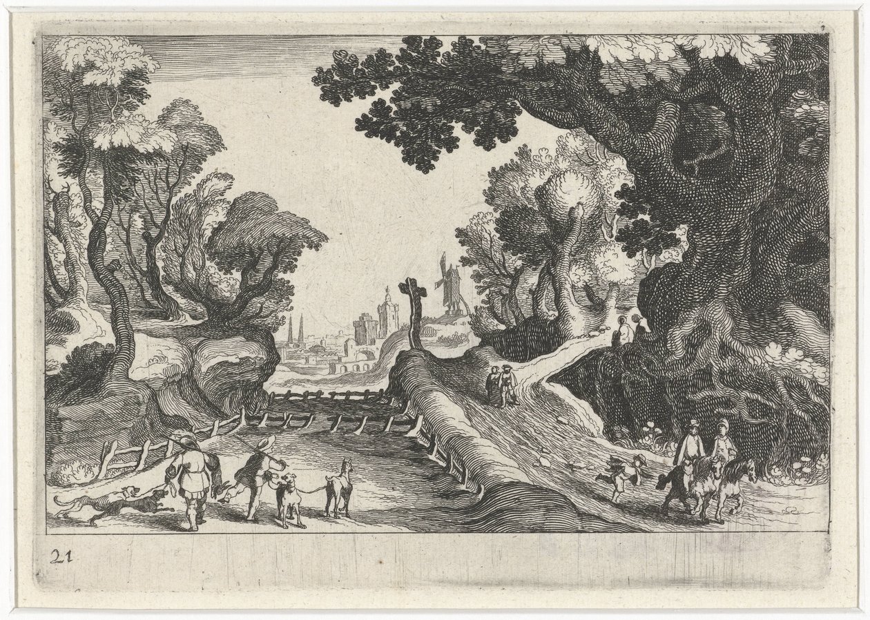 Paisagem florestal com uma cruz ao longo de um caminho
Paisagens do Sul da Europa (título da série)
Topographia variarum regionum (título da série) de Simon Frisius