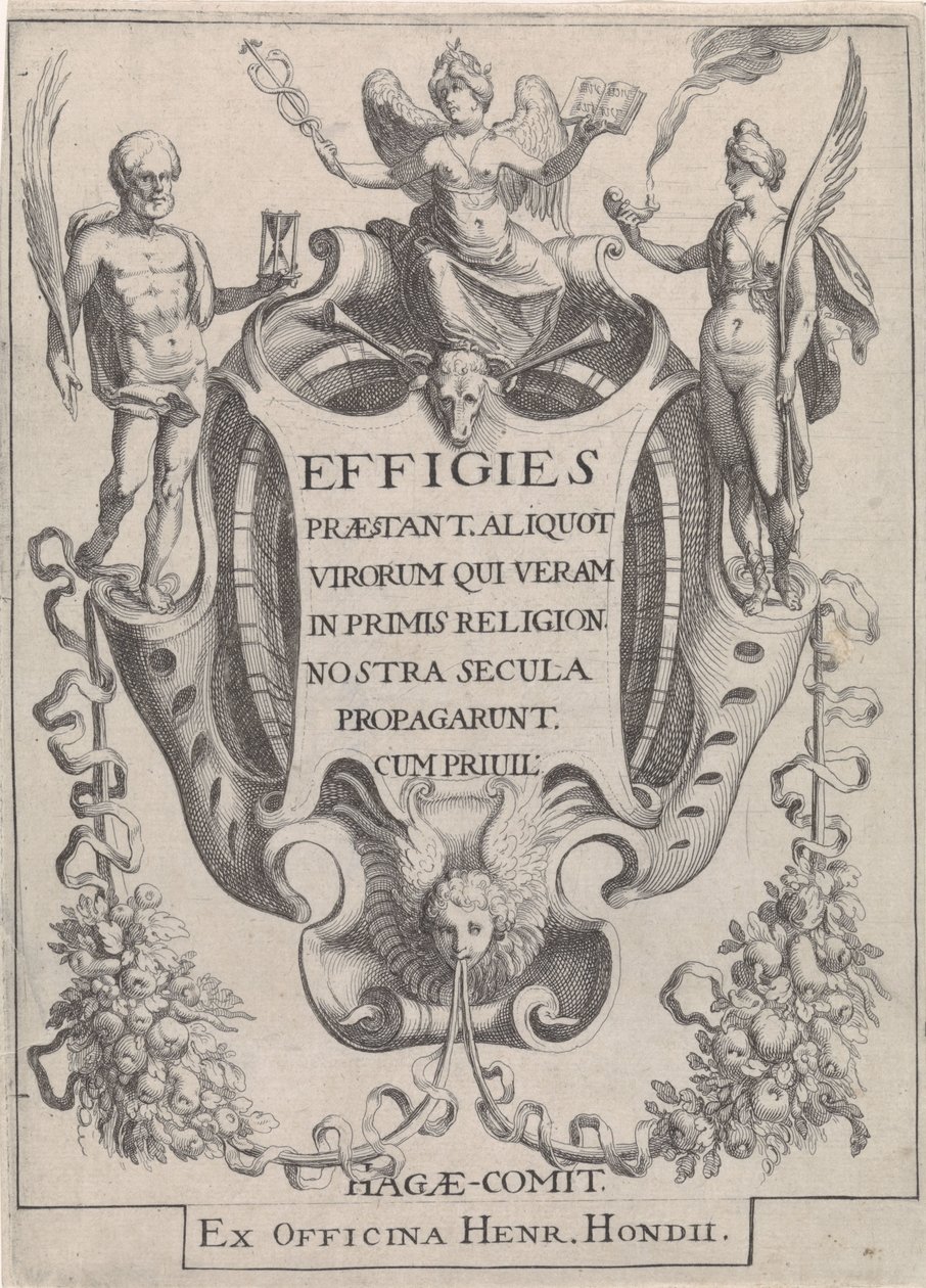 Cartucho com guirlandas em forma de figuras de Simon Frisius
