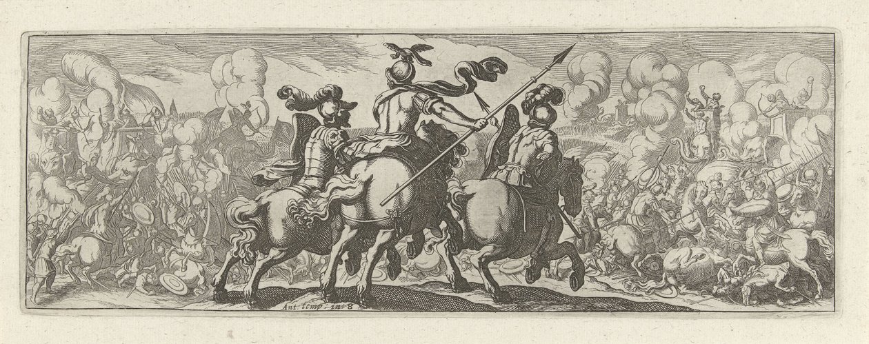 Drie cavaleristen bijeen veldslag com olifanten Cavalaria (título da série) Faecvnda o que é a amada de Phaebus e a grata Florentia a homens de gênio aguçado, bastante são mostrados pelos pvgnas, enthea pela força dos seios que Mercúrio esculpiu o cliente  de Simon Frisius