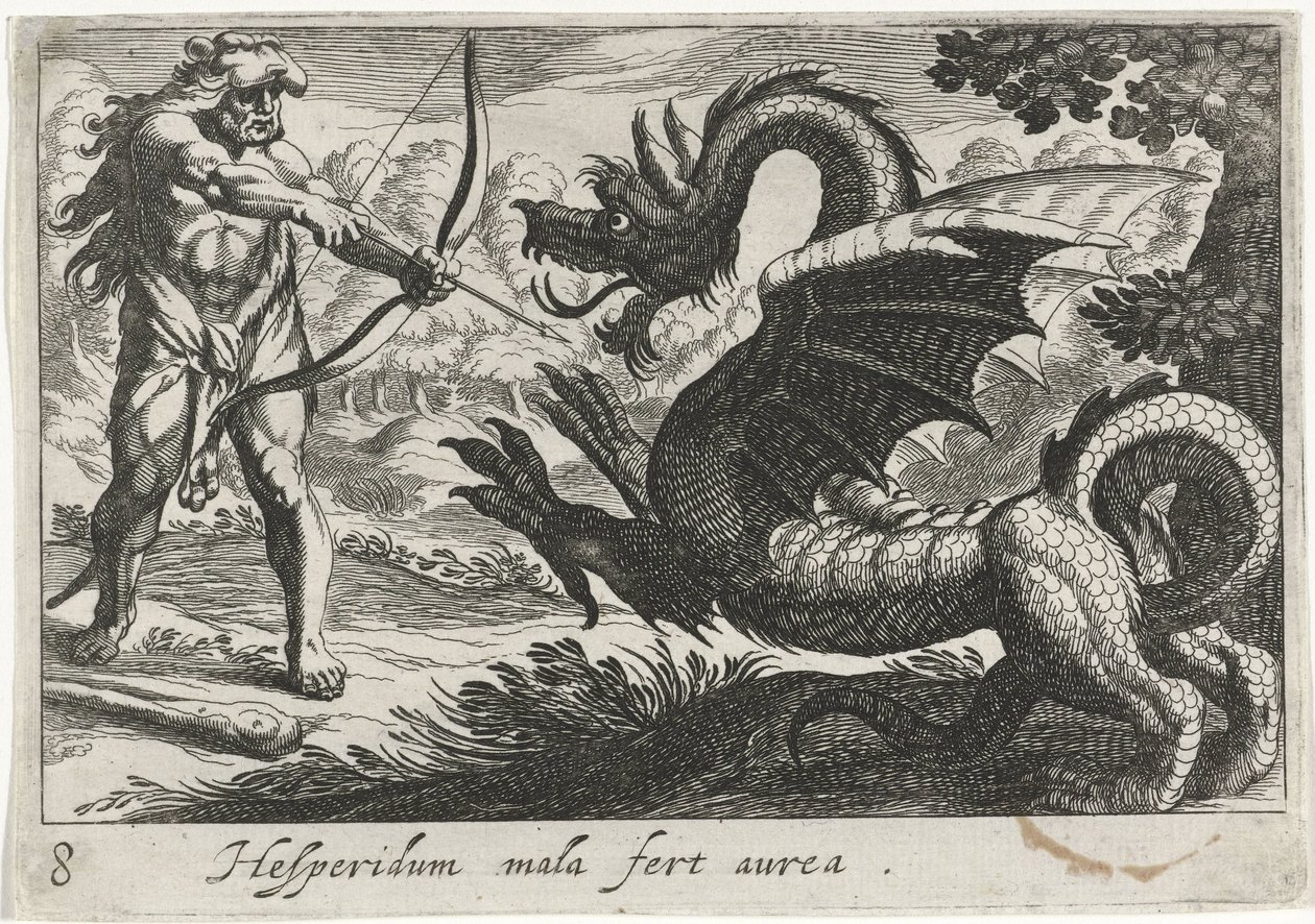 Hércules mata o dragão Ladon Hesperidum mala fert aurea (título no objeto) Temas Hercúleos (título da série) de Simon Frisius