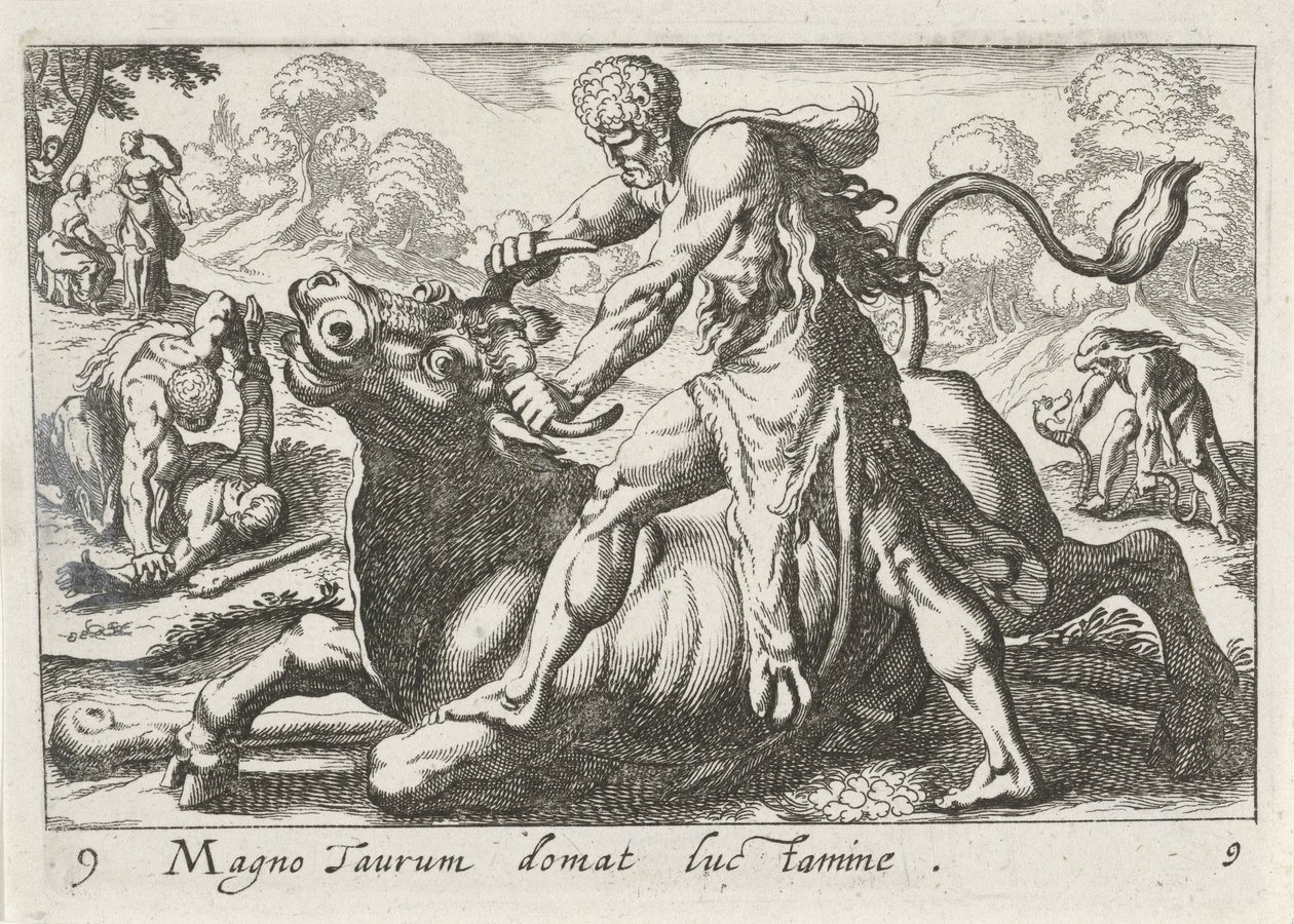 Hércules em batalha com Acheloüs
Magno taurum domat luc tamine (título sobre o objecto)
Temas hercúleos (título da série) de Simon Frisius