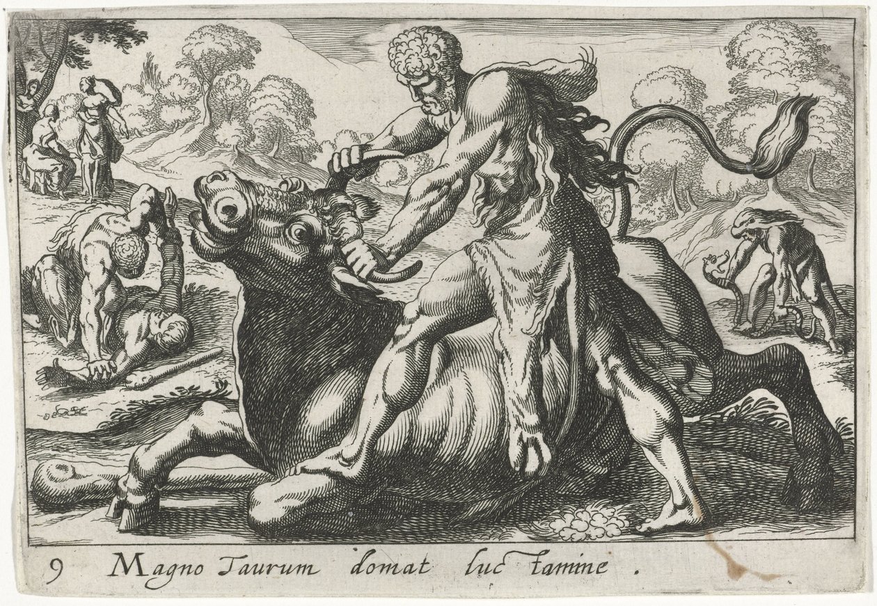 Hércules em batalha com Acheloüs
Magno taurum domat luctamine (título sobre o objecto)
Temas hercúleos (título da série) de Simon Frisius