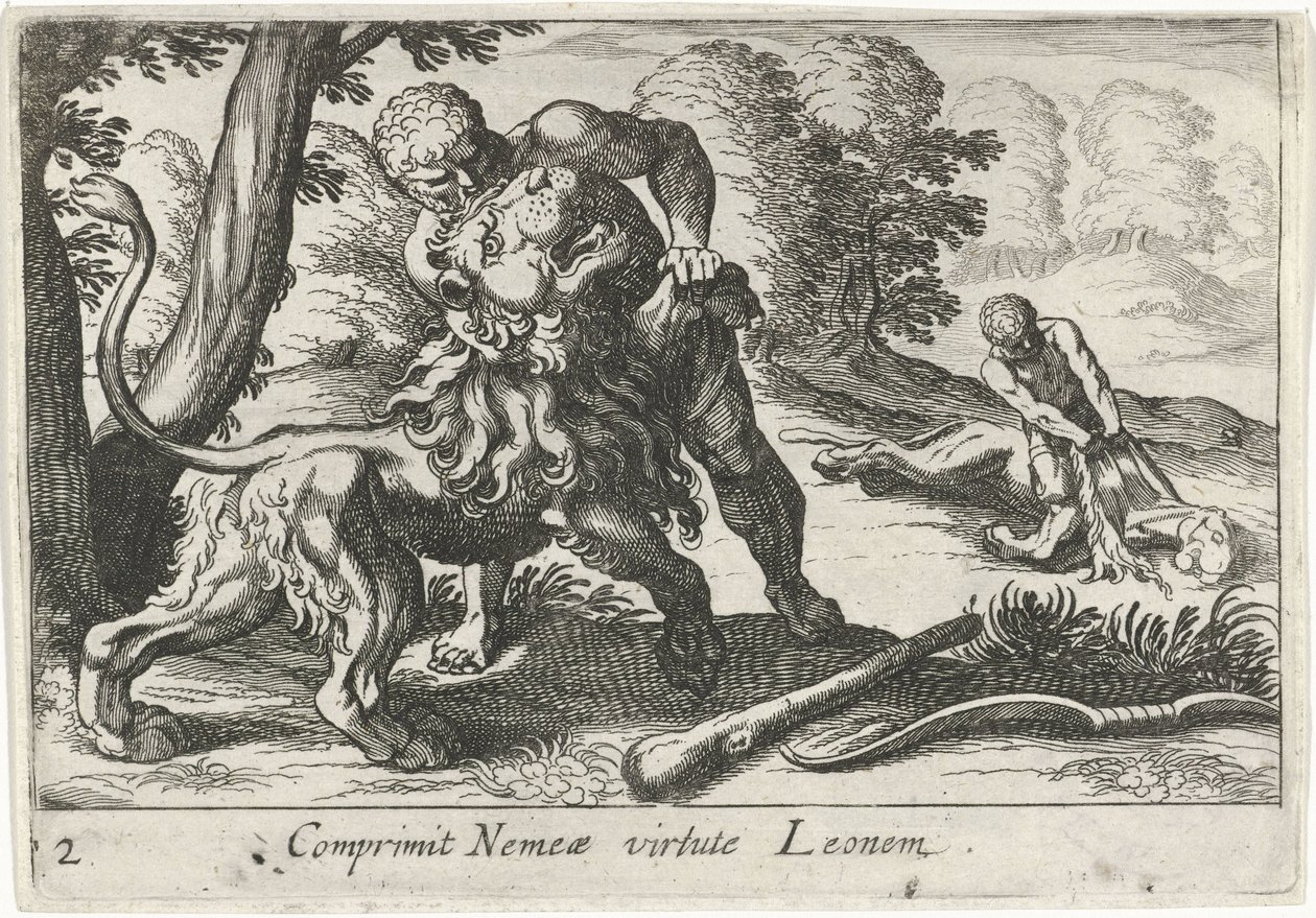 Hércules lutando contra o leão Nemean
Comprometer Nemeae virtute Leonem (título sobre o objecto)
Temas hercúleos (título da série) de Simon Frisius