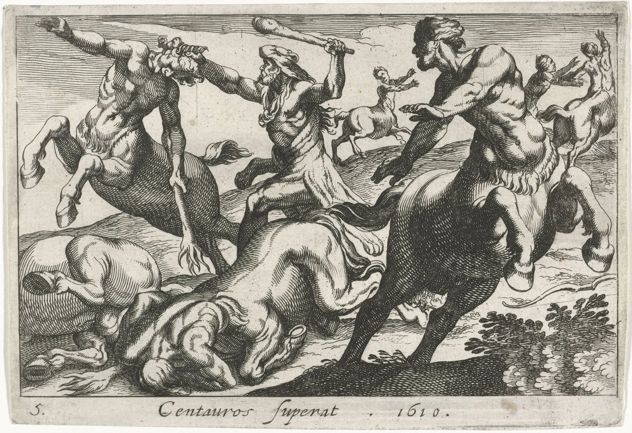 Hércules lutando contra os centauros Centauros superat (título no objeto) Temas Hercúleos (título da série) de Simon Frisius