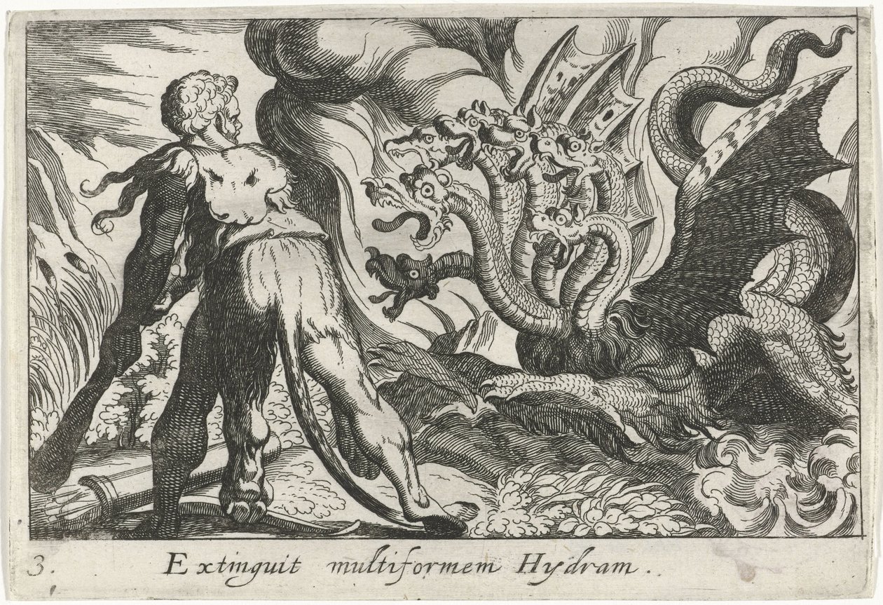 Hércules em batalha com a hidra de Lerna
Extinguir Hydram multiformen (título sobre o objecto)
Temas hercúleos (título da série) de Simon Frisius