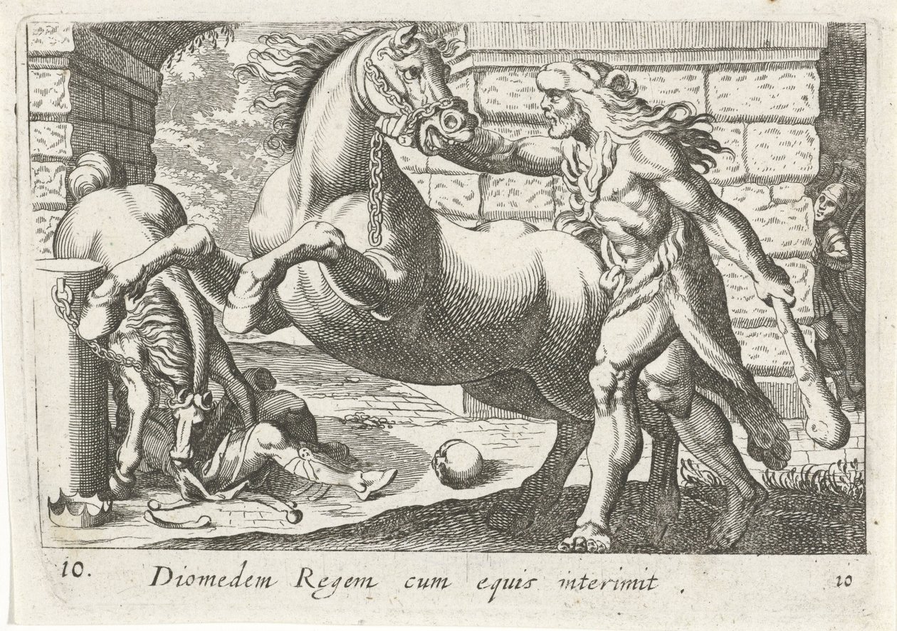 Hércules doma os cavalos de Diomedes
Diomedem Regem cum equis (título sobre o objecto)
Temas hercúleos (título da série) de Simon Frisius