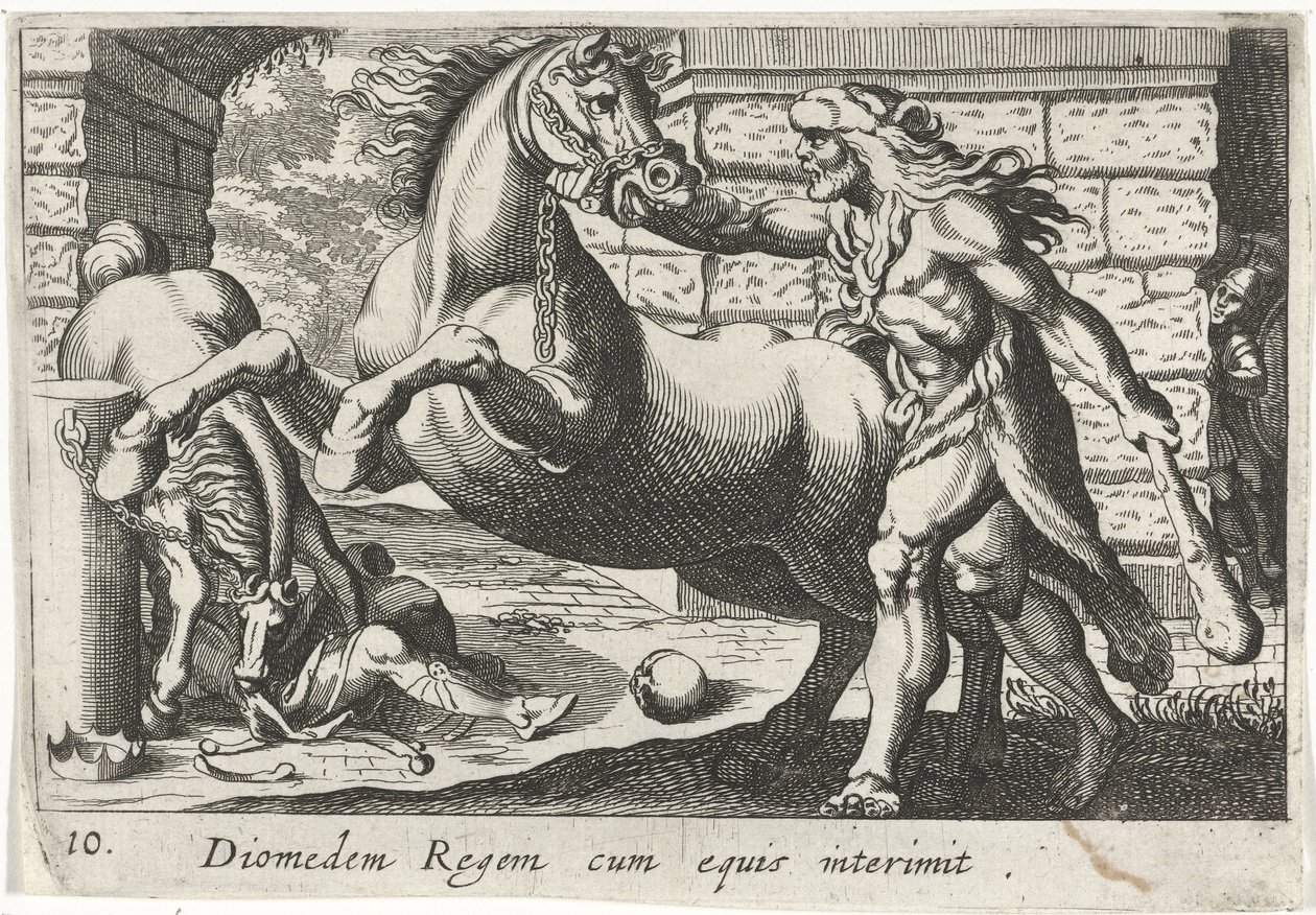 Hércules doma os cavalos de Diomedes
Diomedem Regem cum equis (título sobre o objecto)
Temas hercúleos (título da série) de Simon Frisius