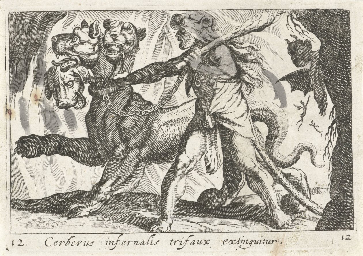 Hércules vinga Cérbero Cerberus infernal trifaux é extinto (título no objeto) Tema de Herculische (título da série) de Simon Frisius
