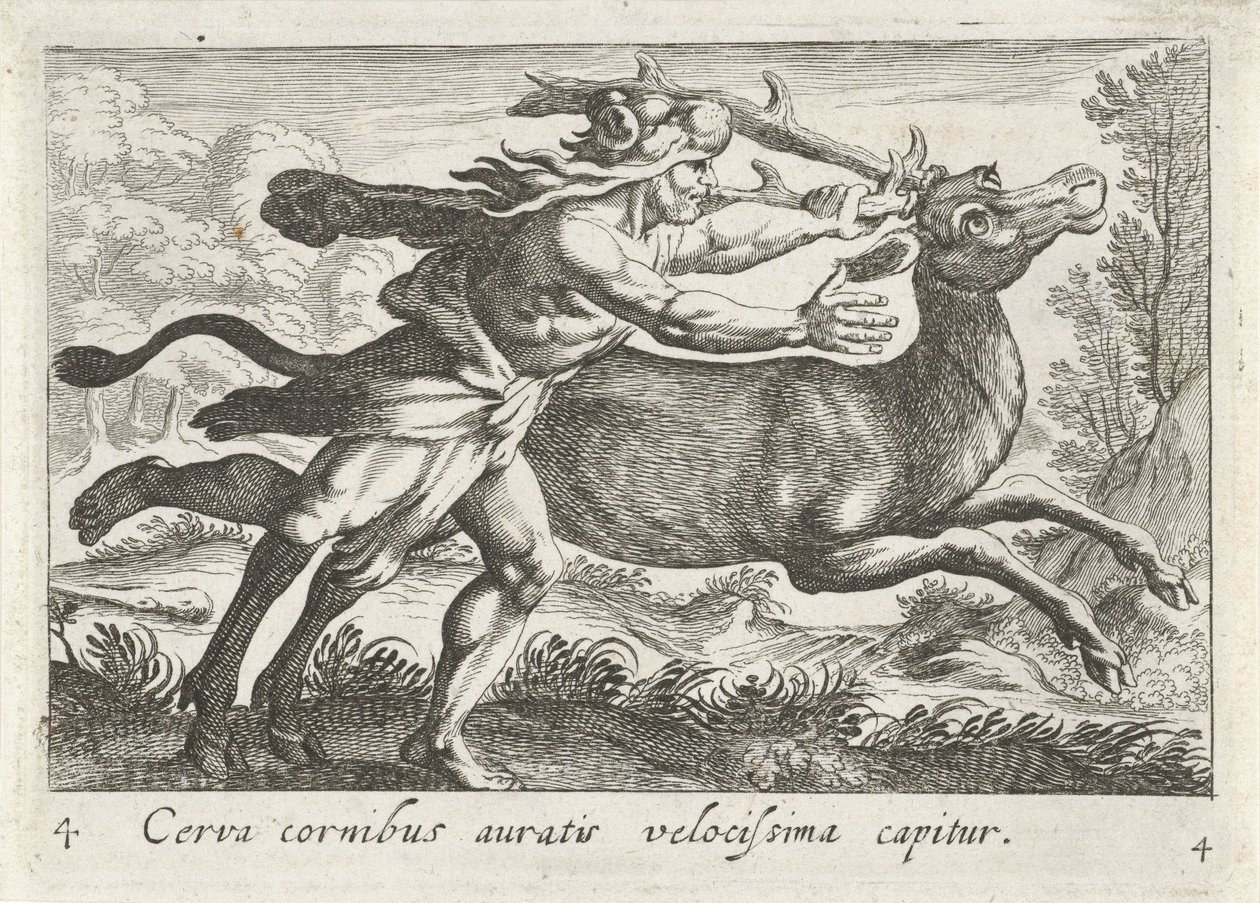 Hércules captura a corça de Cerynea
Cerva cornibus auratis velocissima capitur (título sobre o objecto)
Temas hercúleos (título da série) de Simon Frisius