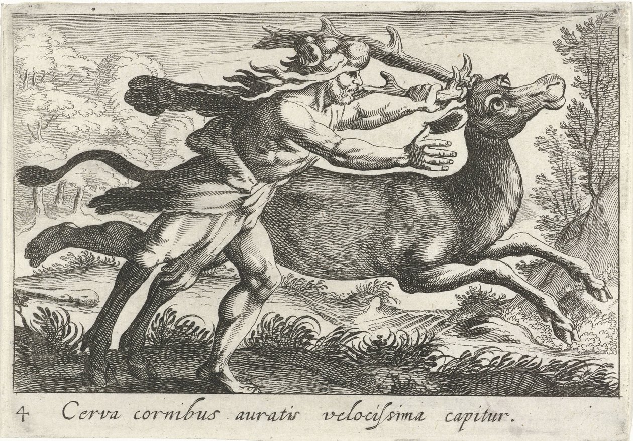Hercules vangt de Hind van Cerynea Um cervo com chifres dourados é capturado muito rápido (título no objeto) Tema de Herculische (título da série) de Simon Frisius