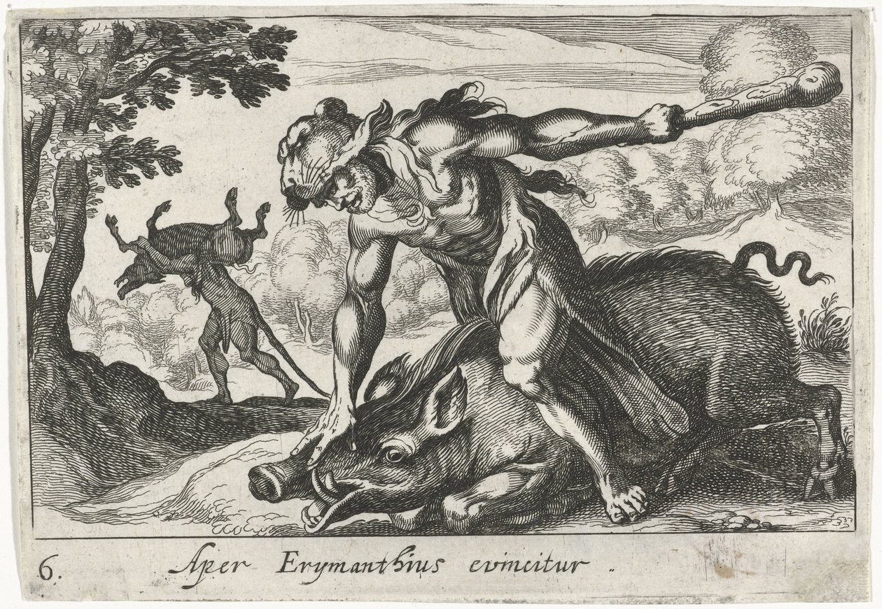 Hércules captura o javali de Erymanthus
Aper Erymanthius evincitur (título sobre o objecto)
Temas hercúleos (título da série) de Simon Frisius