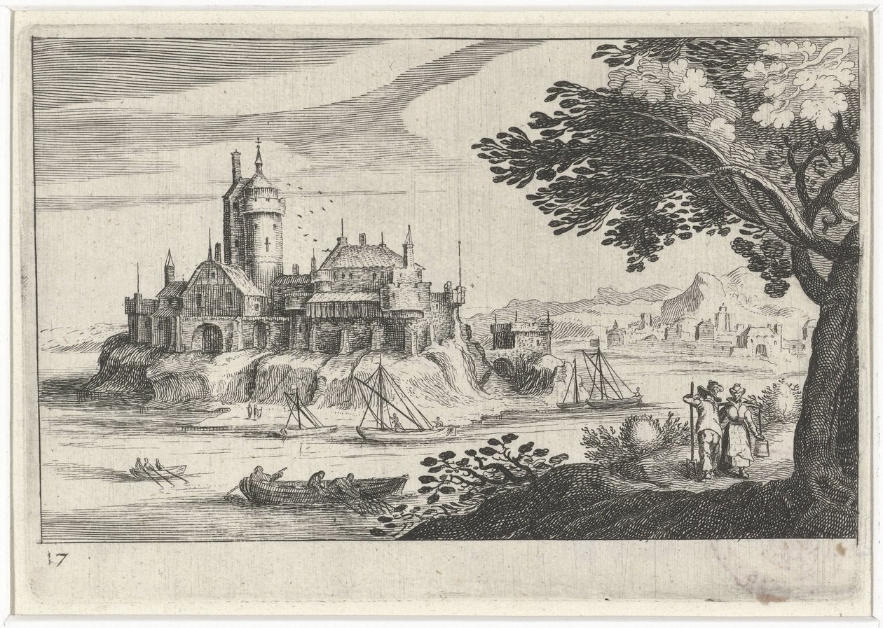 Paisagem montanhosa com um castelo em uma ilha Paisagens do sul da Europa (título da série) Topographia variaum regionum (título da série) de Simon Frisius
