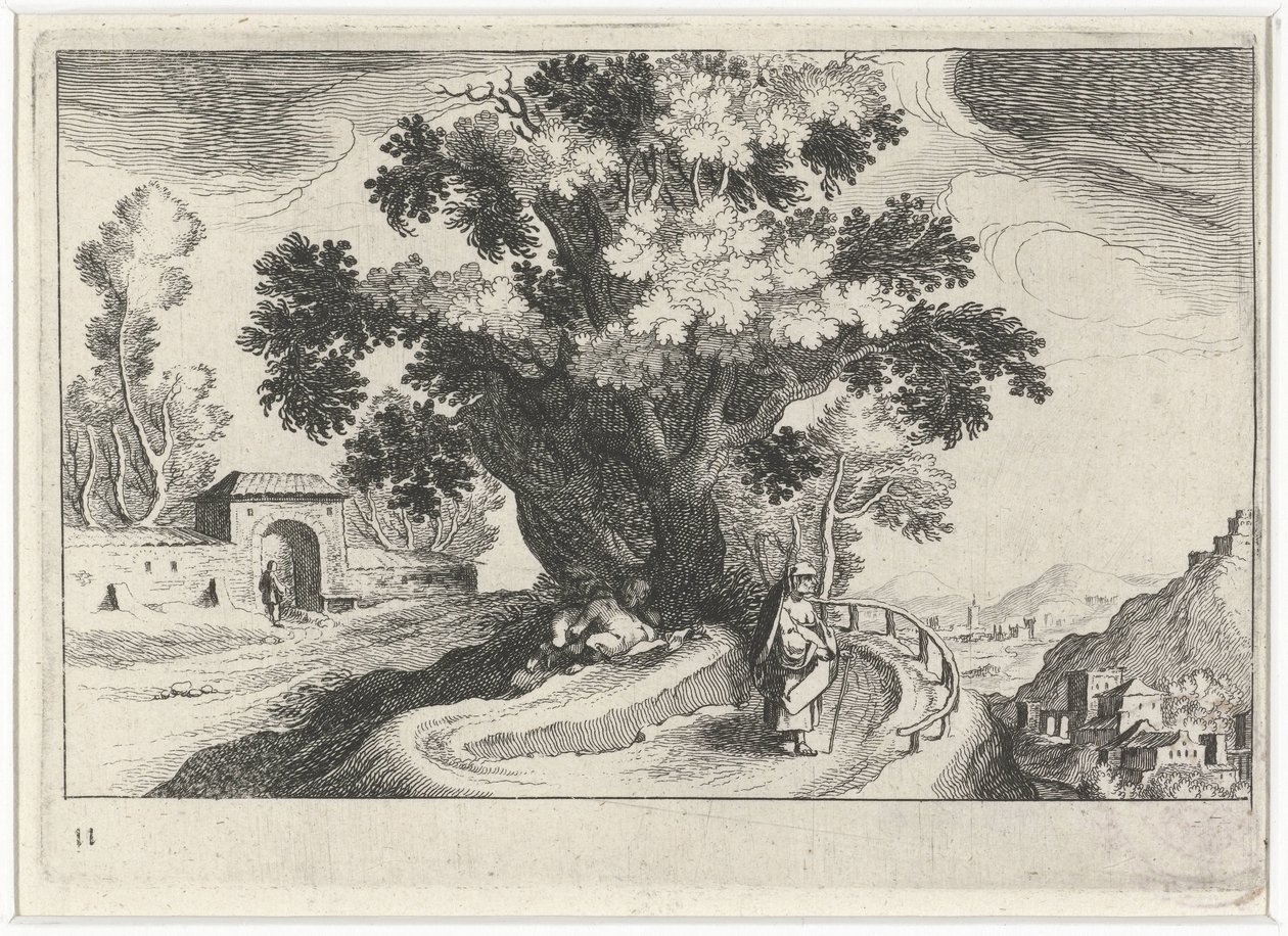 Paisagem montanhosa com fazer amor debaixo de uma árvore Paisagens do sul da Europa (título da série) Topographia variaum regionum (título da série) de Simon Frisius