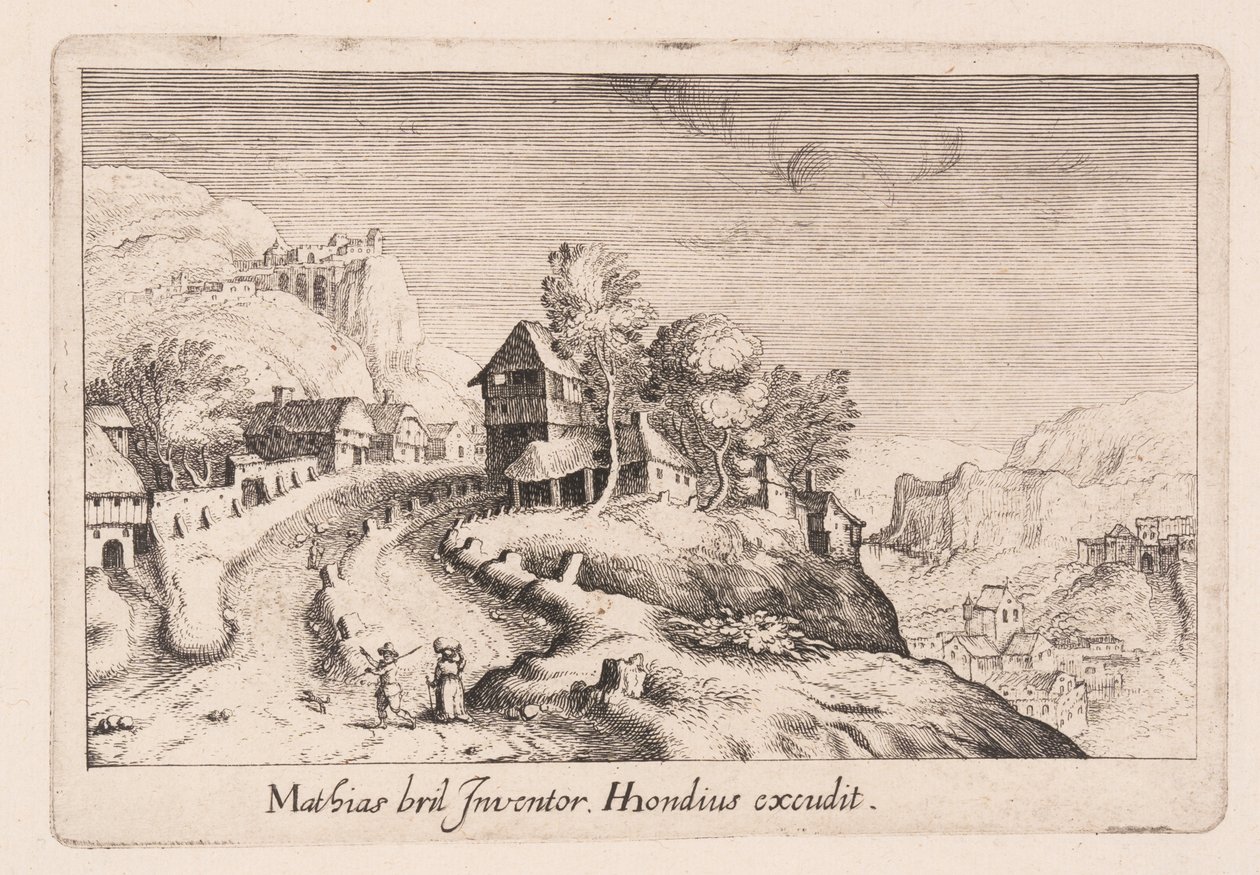 Paisagem com um caminho para uma montanha através de uma aldeia, de Topographia Variarum Regionum de Simon Frisius