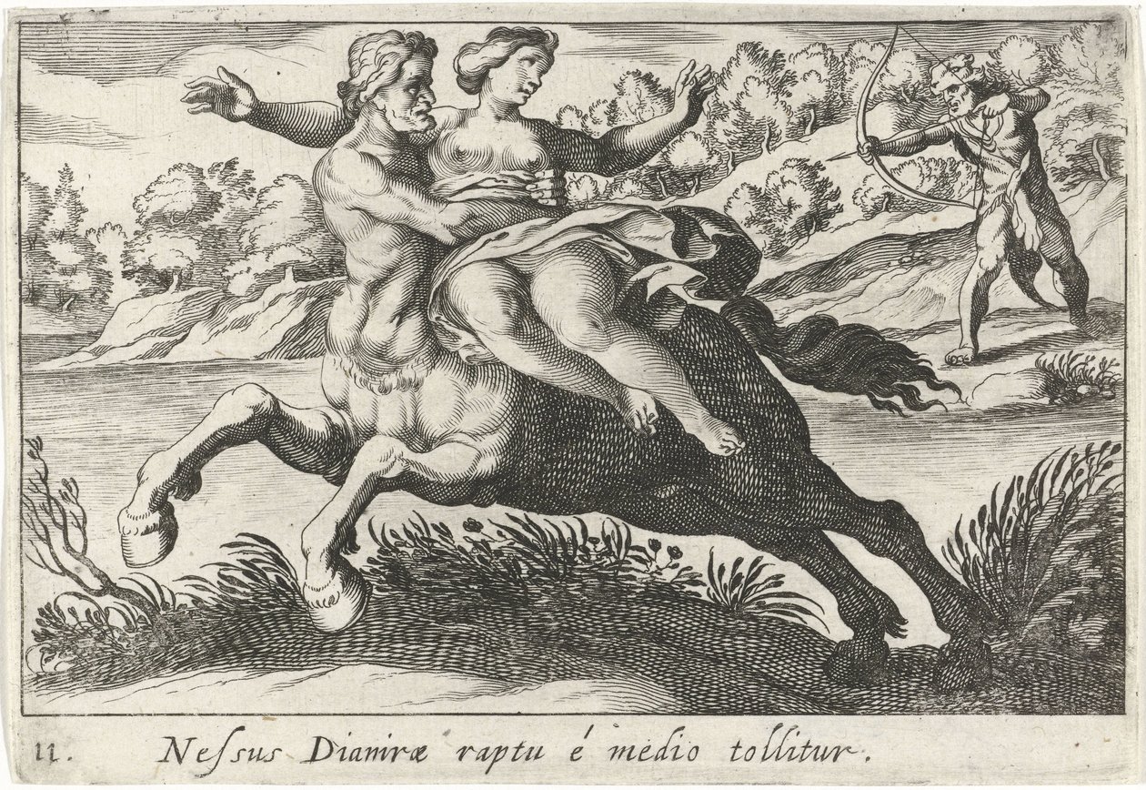 Nessus tenta sacudir Deïanira te O vínculo de Dianira é retirado do meio (título no objeto) Tema de Herculische (título da série) de Simon Frisius