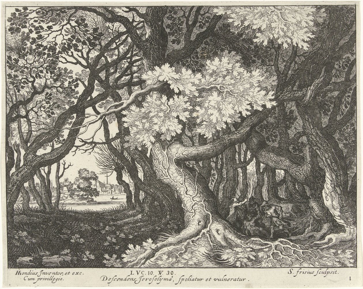 Roubo de um homem em uma floresta Parábola do Bom Samaritano (título da série) de Simon Frisius