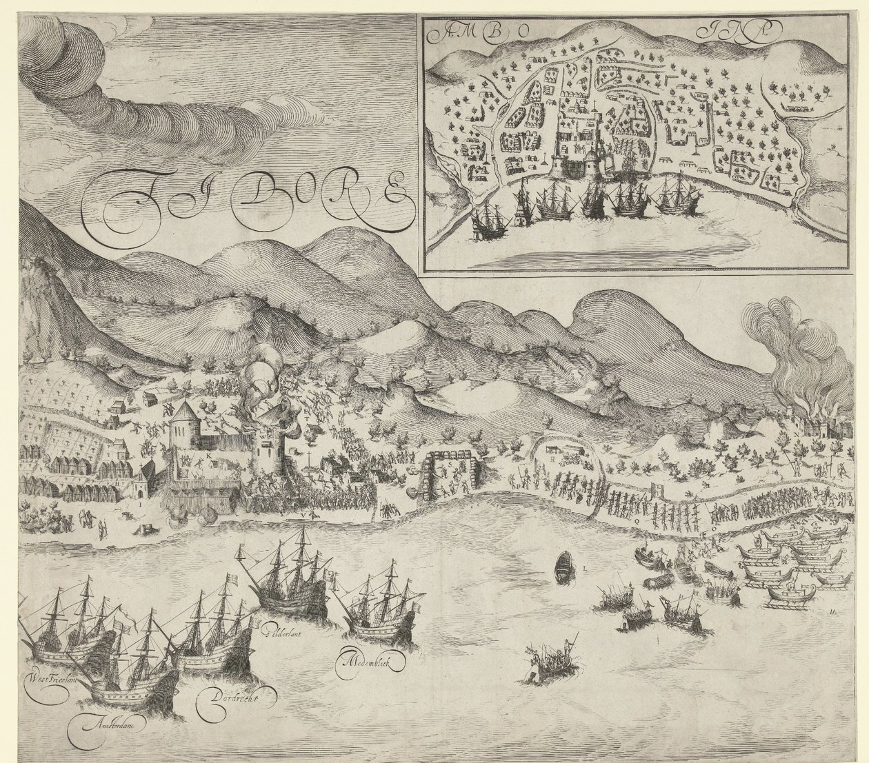 Vitória dos holandeses sobre os portugueses em Tidore (gravura à direita), 1605 de Simon Frisius