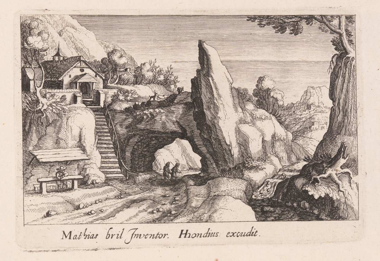 Par de figuras caminhando sob uma ponte de pedra, de Topographia Variarum Regionum de Simon Frisius