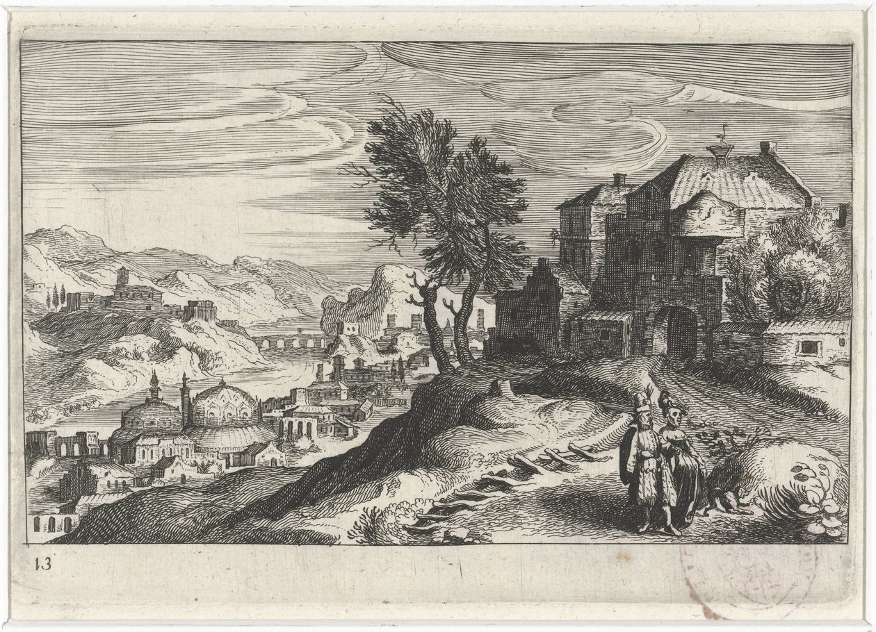 Vale do rio com edifícios Paisagens do sul da Europa (título da série) Topographia variaum regionum (título da série) de Simon Frisius