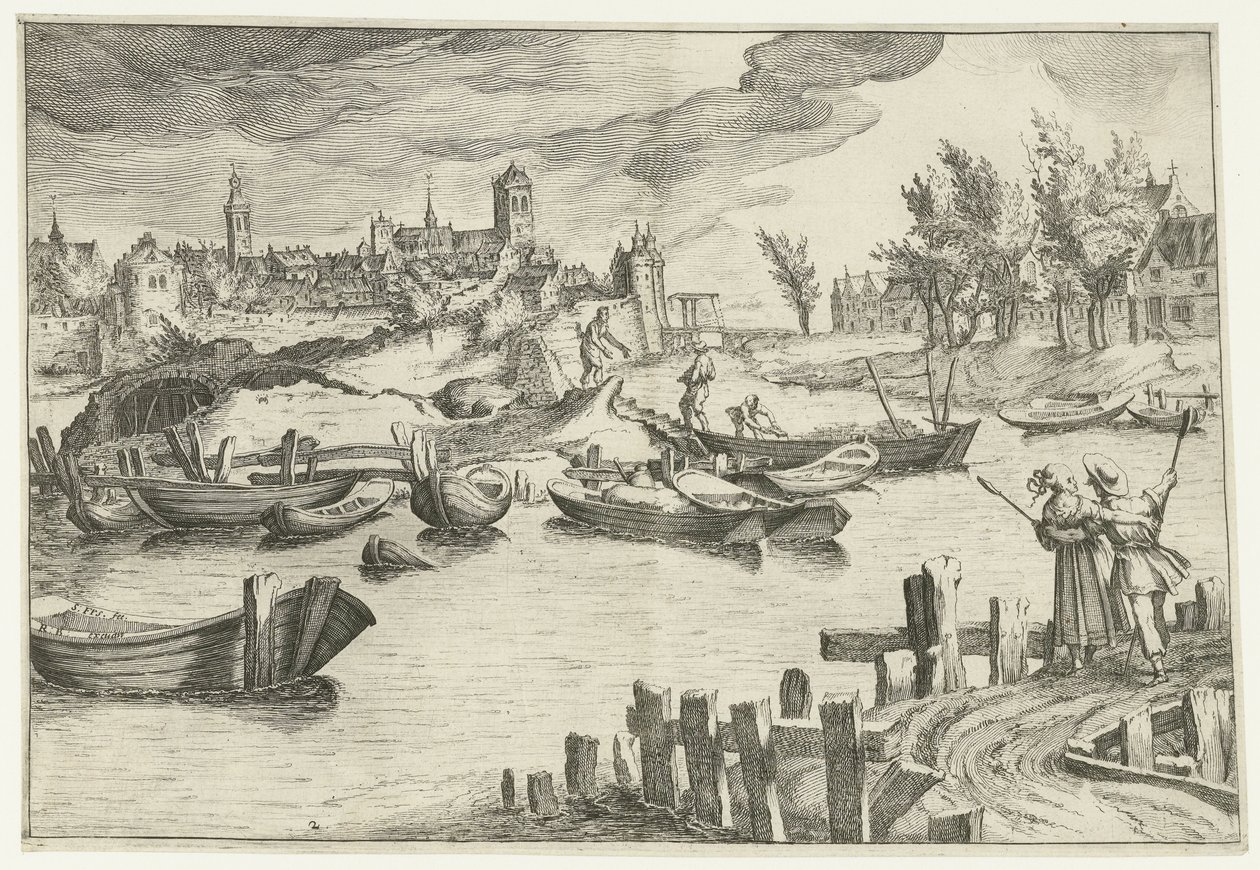 Paisagem fluvial com uma cidade ao fundo Paisagens com figuras (título da série) de Simon Frisius