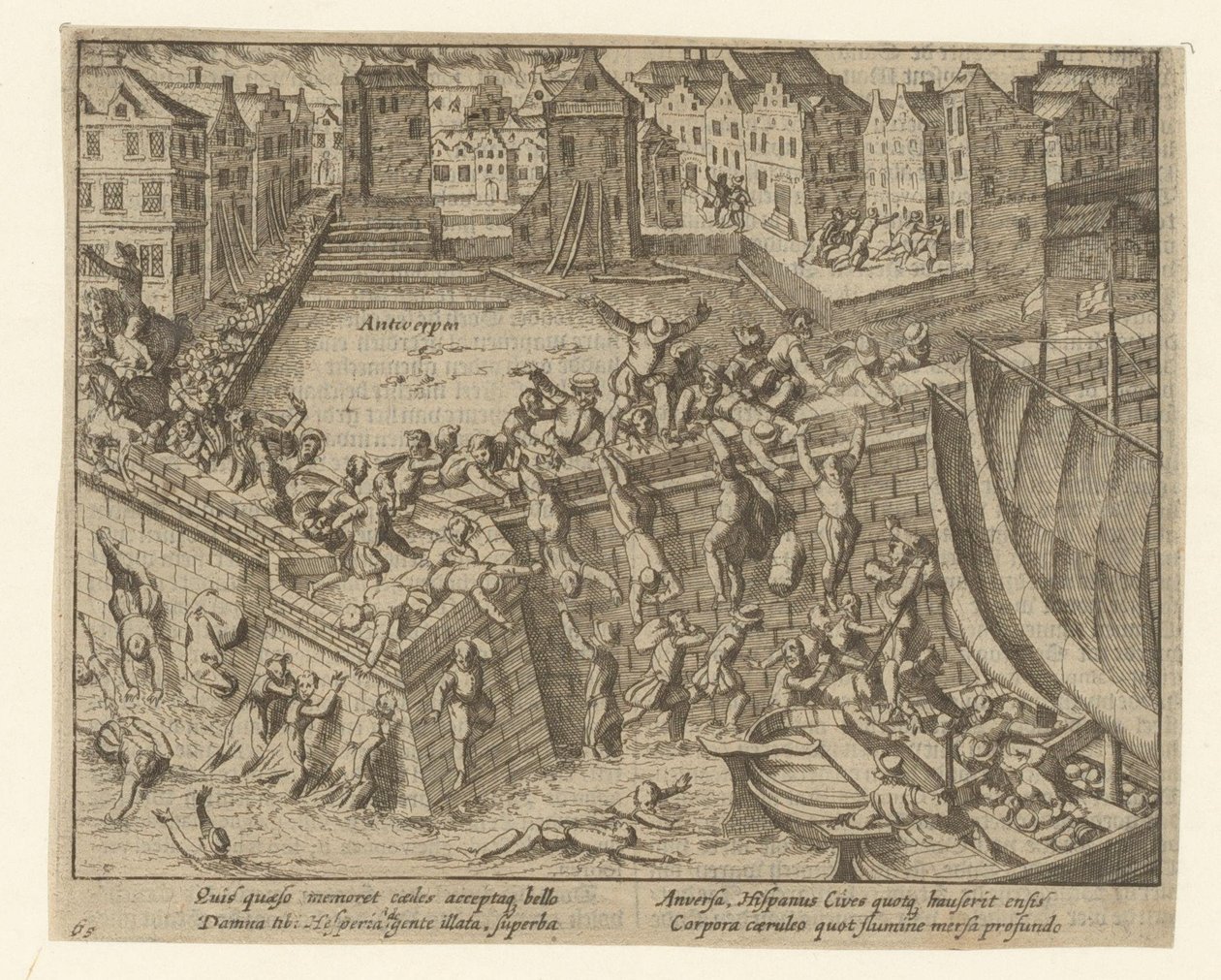 A Fúria Espanhola: os habitantes fogem pelo rio Schelde, 1576 de Simon Frisius