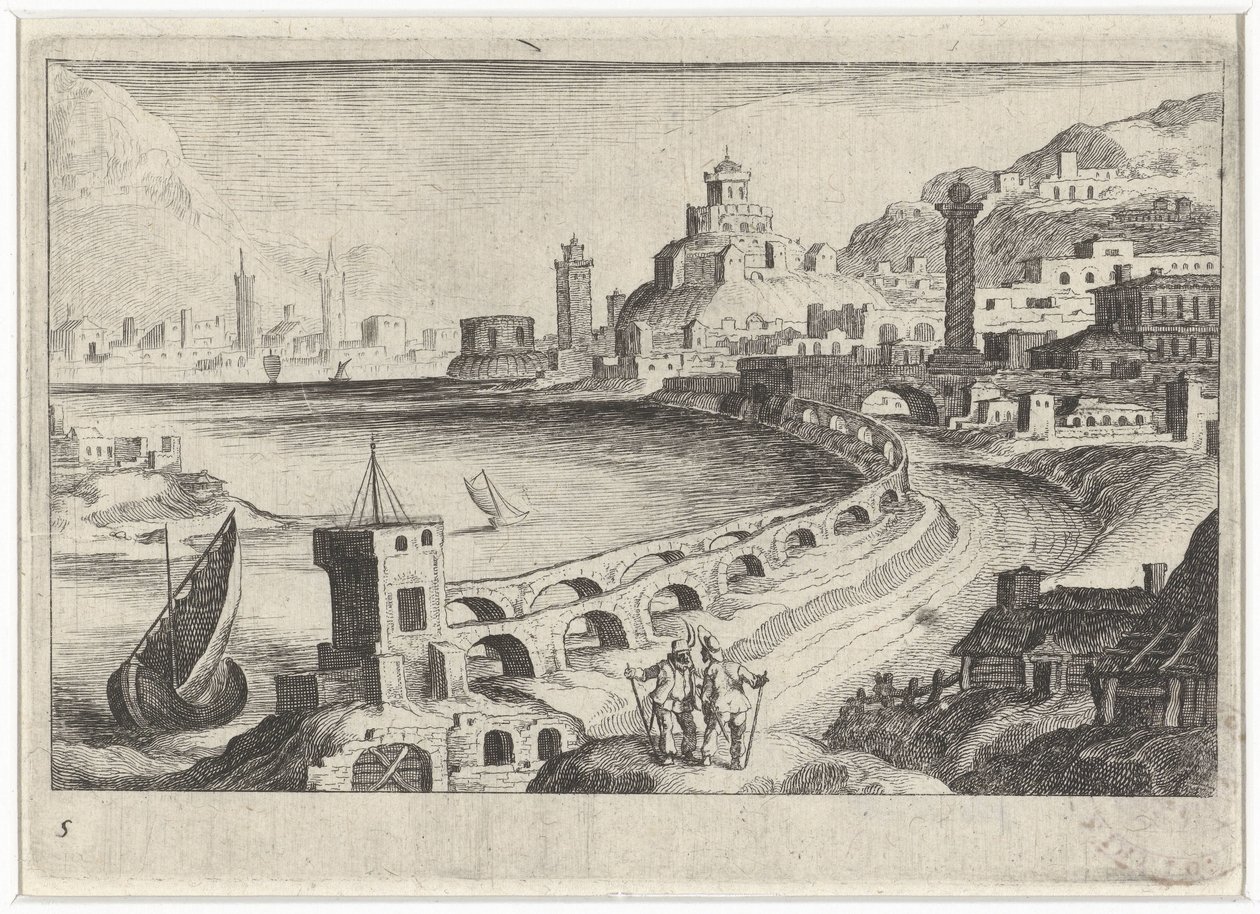 Arquitetura da cidade com um aqueduto Paisagens do sul da Europa (título da série) Topographia variaum regionum (título da série) de Simon Frisius