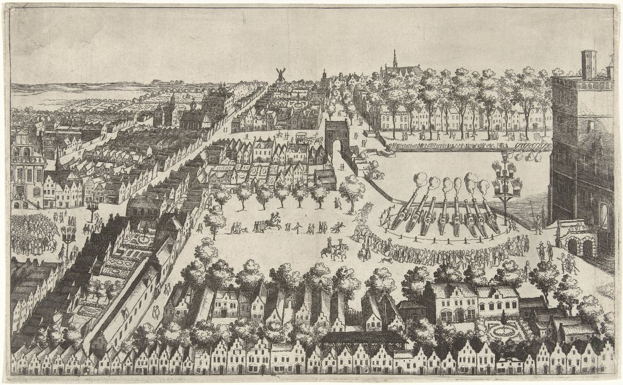 Fogueiras de celebração em Haia após a proclamação da trégua, 1609 de Simon Frisius