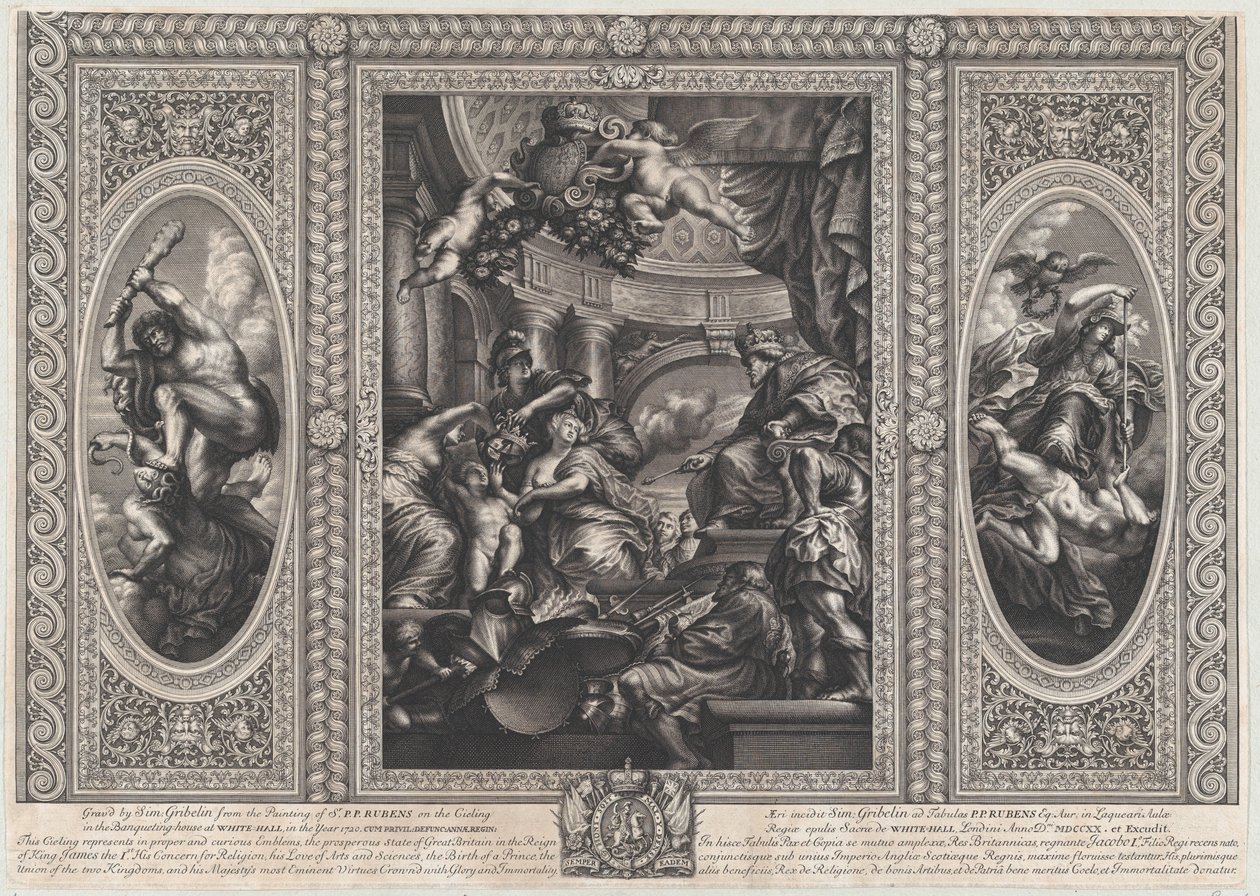 Uma cena alegórica mostrando os benefícios do reinado de James no centro, Wise Government vagabundo..., 1720. de Simon Gribelin