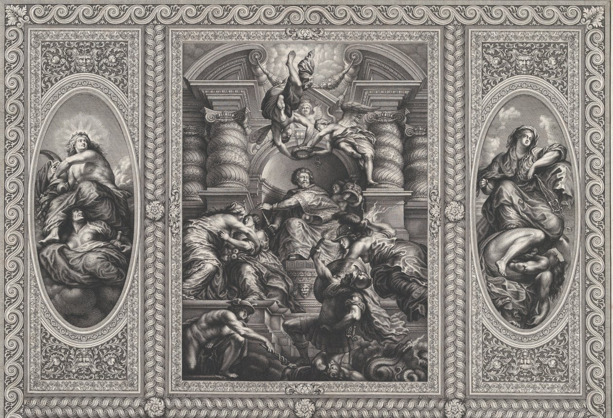 James I nomeando Charles como Rei da Escócia no centro, Minerva lançando Ignorance no ri..., 1720. de Simon Gribelin