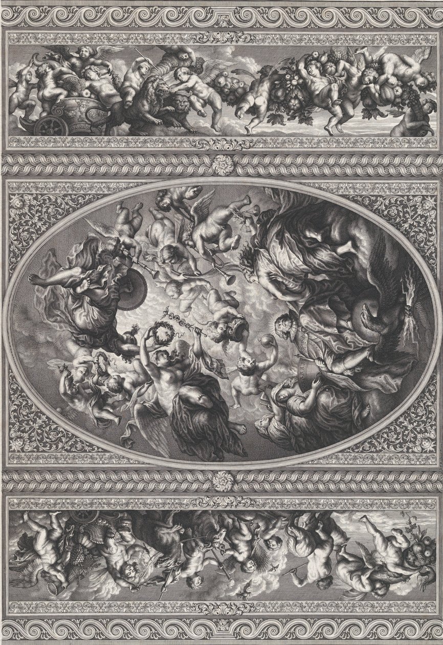 A apoteose de Jaime I em oval no centro, frisos com putti e guirlandas em ambos ..., 1720. de Simon Gribelin
