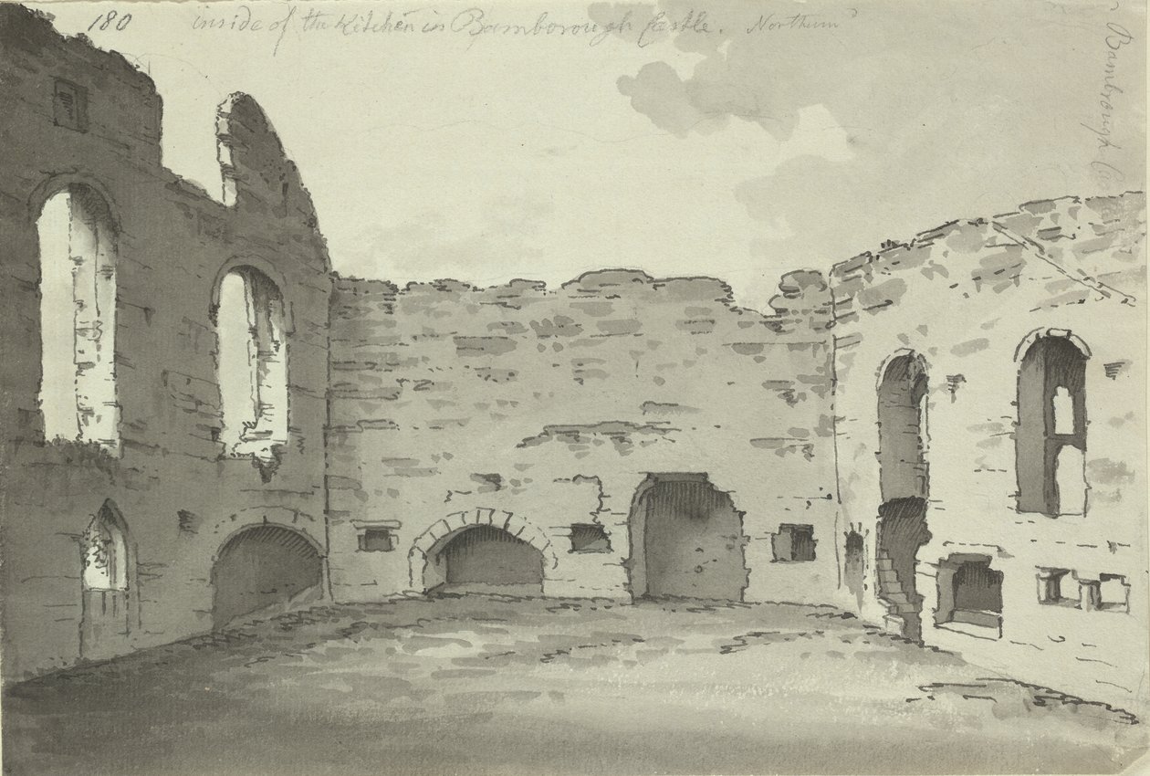 Castelo de Bamburgh, ruínas de cozinha, Adicionar. 15542, f.180, c.1780 (lavagem com caneta e tinta sobre papel) de Simon H. Grimm