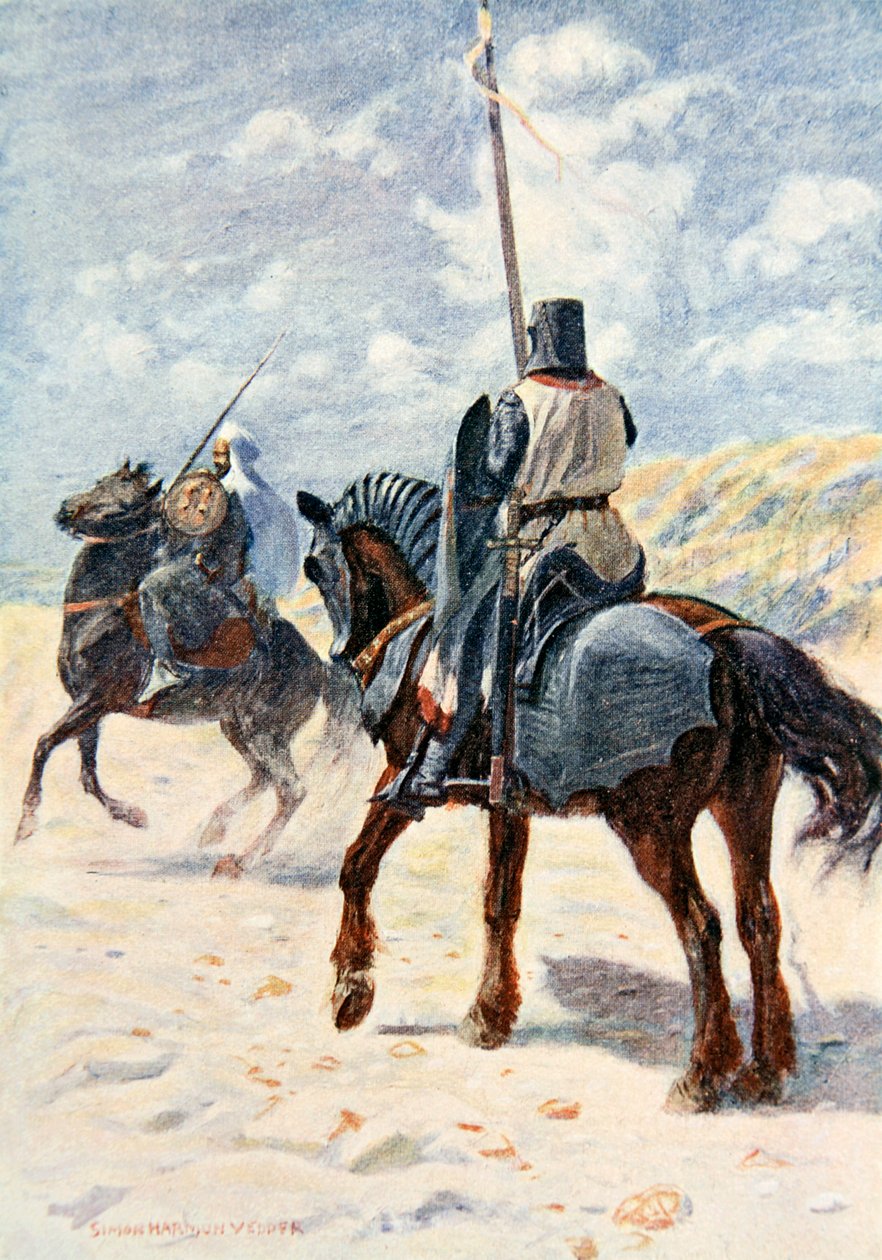 Um sarraceno aproxima-se de um cavaleiro cruzado, ilustração de "O Talismã: Um Conto dos Cruzados", de Sir Walter Scott de Simon Harmon Vedder