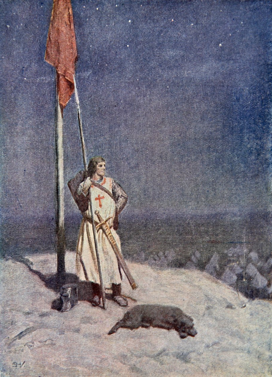 O cavaleiro está de guarda no Monte de St. George com a bandeira da Inglaterra, ilustração de "O Talismã: Um Conto dos Cruzados", de Sir Walter Scott de Simon Harmon Vedder