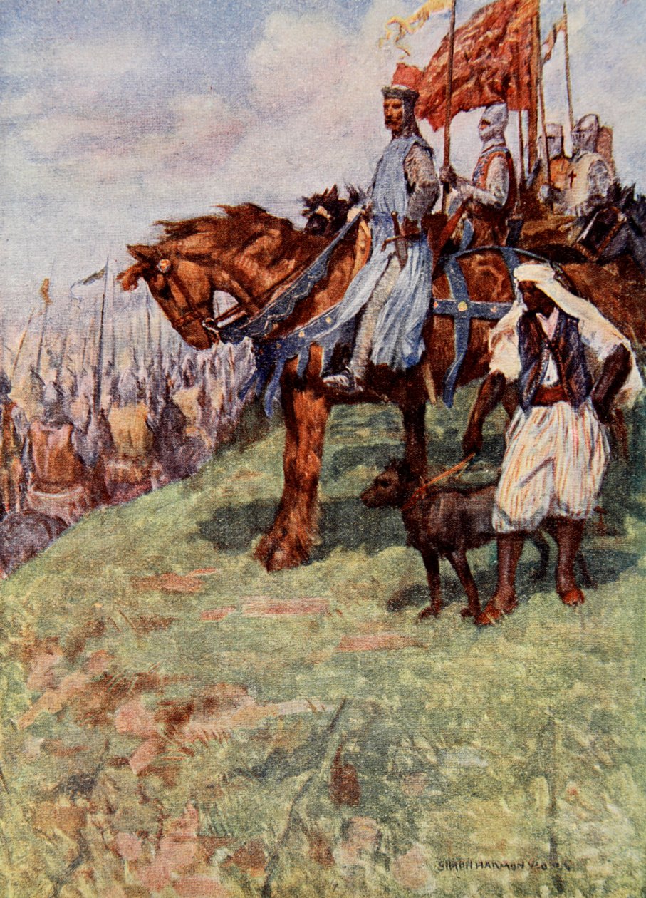 O Coração de Leão, sentado a cavalo, ao lado dele estava o escravo núbio, segurando um cão na coleira, ilustração de "O Talismã: Um Conto dos Cruzados", de Sir Walter Scott de Simon Harmon Vedder