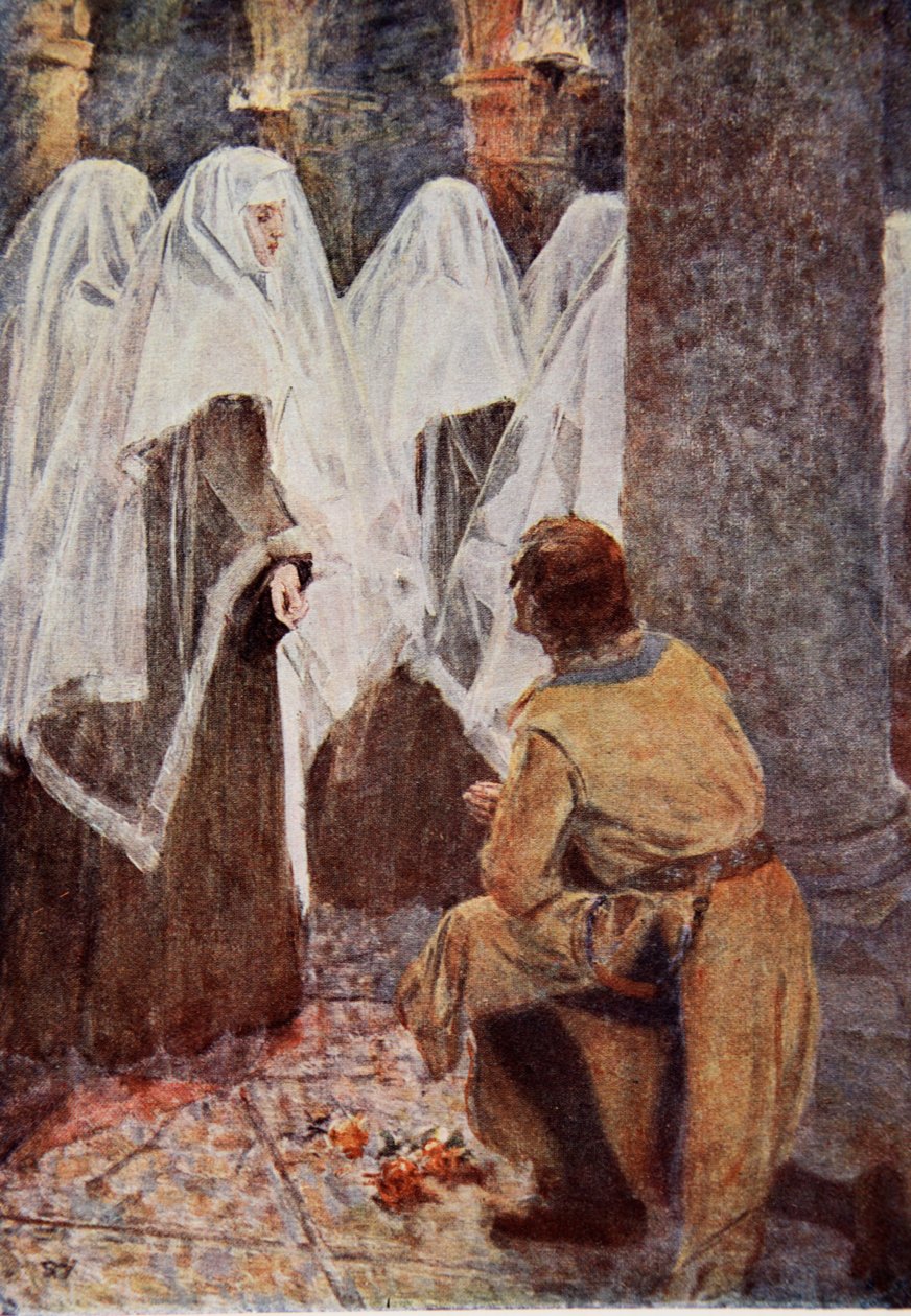 O cavaleiro escocês de joelhos viu as freiras de véu passarem, ilustração de "O Talismã: Um Conto dos Cruzados", de Sir Walter Scott. de Simon Harmon Vedder