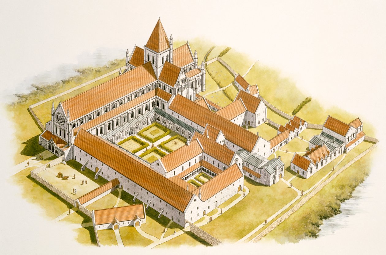Vista aérea de Byland Abbey (aguarela sobre papel) de Simon Hayfield