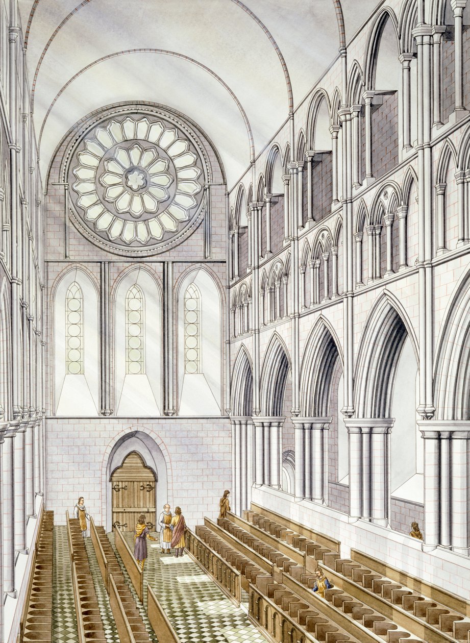 O Interior da Igreja, Abadia de Byland (aguarela sobre papel) de Simon Hayfield
