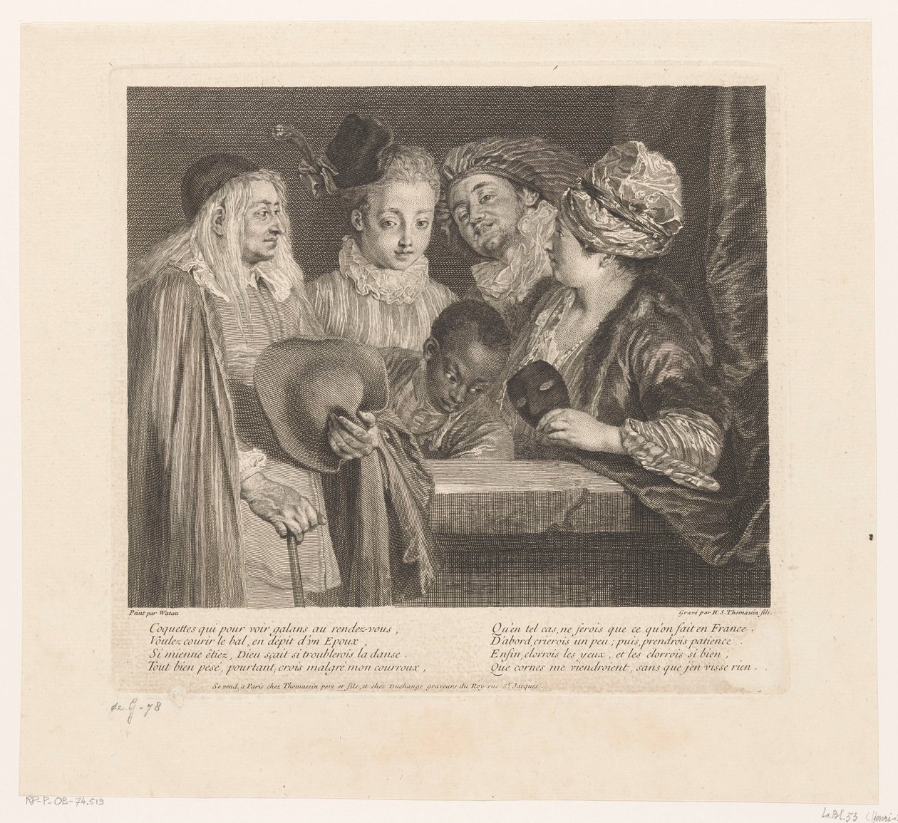 Gezelschap van vijf atores bijeen parapet As coquetes Obra de Antoine Watteau (título da série) A obra de Antoine Watteau, pintor do rei na sua Academia Real de Pintura e Escultura (...) (título da série) de Simon Henri Thomassin
