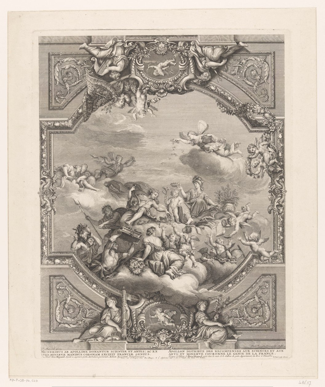 Pintura de teto em Versalhes: Apollo distribui recompensas para Artes e Ciências, Minerva coroa o gênio da França de Simon Henri Thomassin