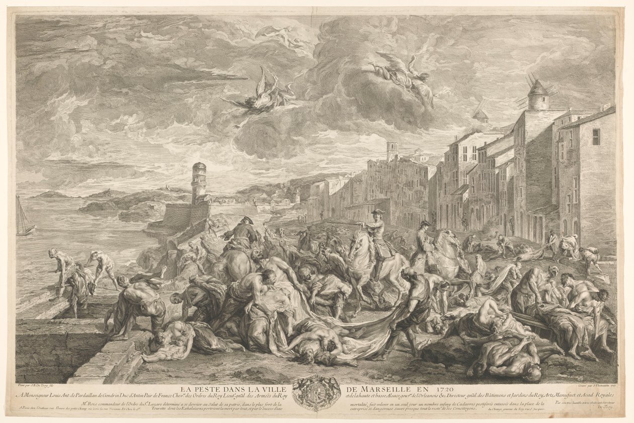 Vítimas da peste bubónica são abatidas em La Tourette, Marselha
La Peste dans la ville de Marseille en 1720 (título sobre o objecto) de Simon Henri Thomassin